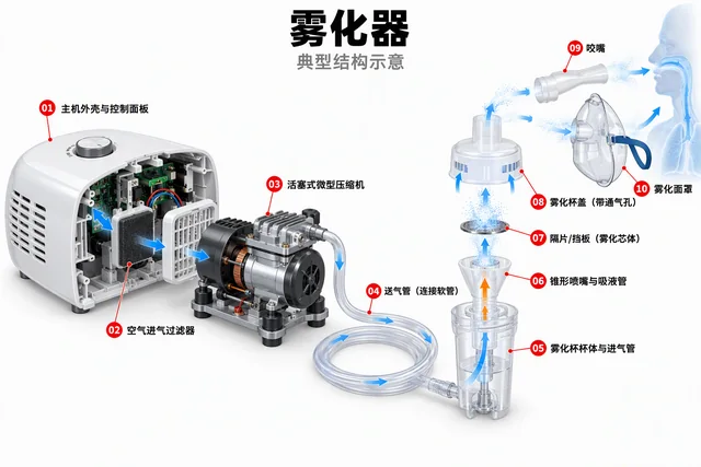雾化器爆炸图，含中文零件标注