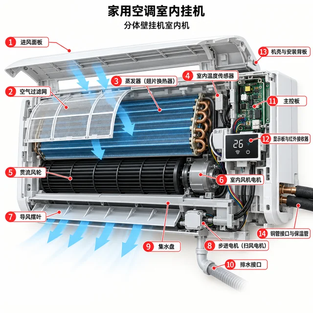 家用空调室内挂机爆炸图，含中文零件标注