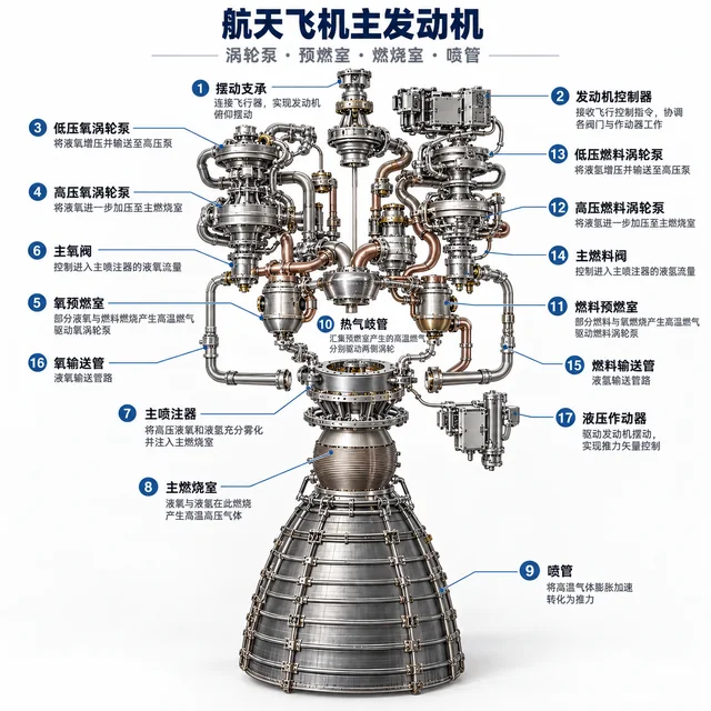 航天飞机主发动机爆炸图，含中文零件标注