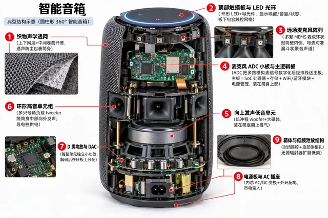 智能音箱爆炸图，含中文零件标注