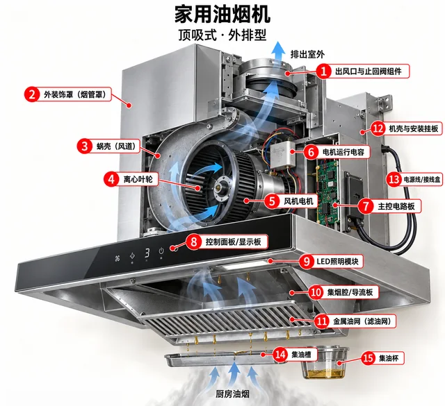 家用油烟机爆炸图，含中文零件标注