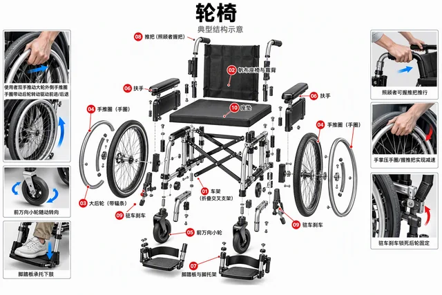 轮椅爆炸图，含中文零件标注
