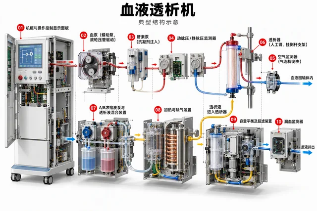 血液透析机爆炸图，含中文零件标注