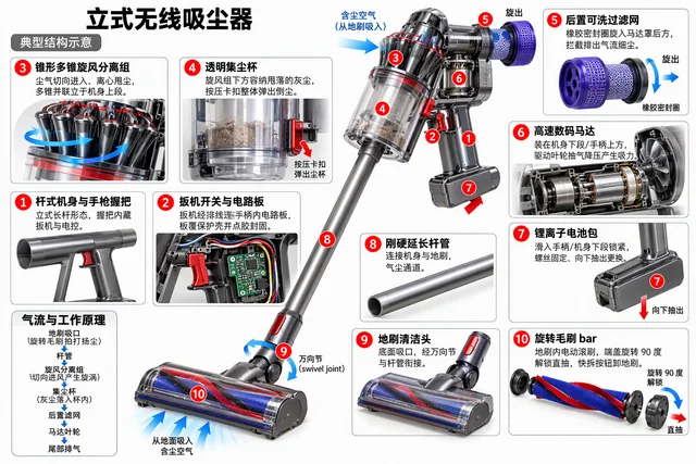 立式无线吸尘器爆炸图，含中文零件标注