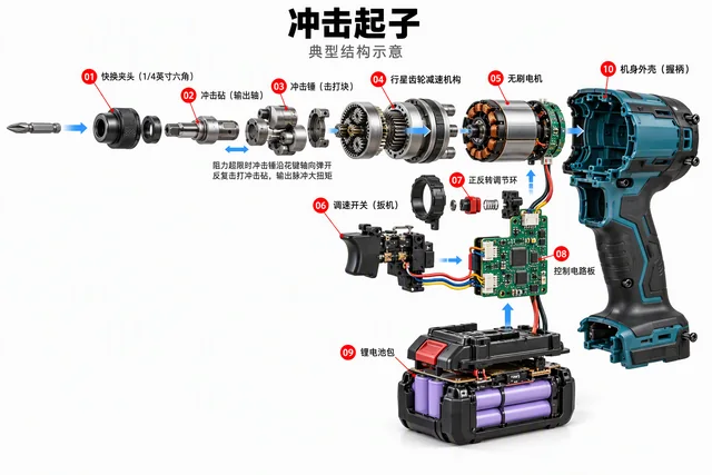 冲击起子爆炸图，含中文零件标注