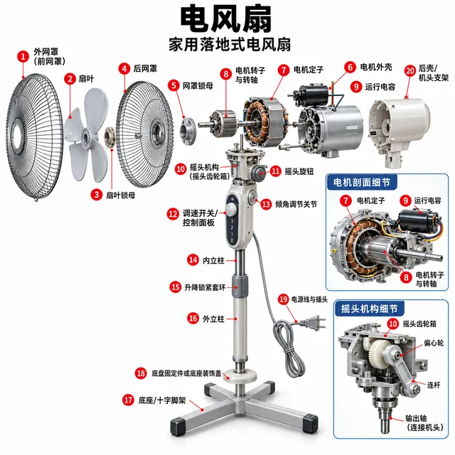 电风扇爆炸图，含中文零件标注