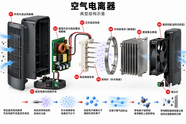 空气电离器爆炸图，含中文零件标注