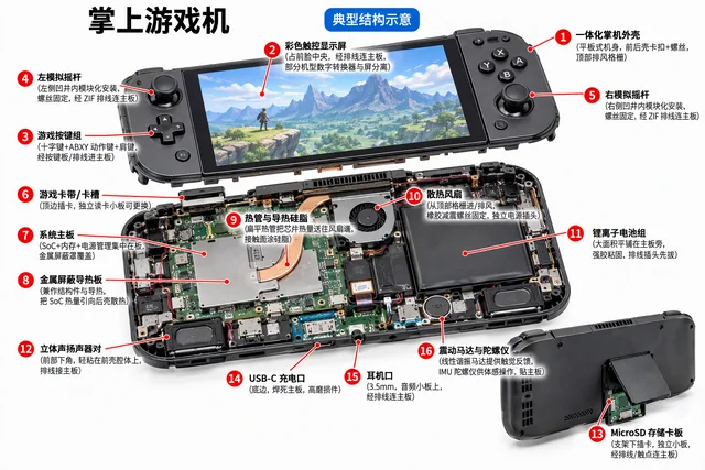 掌上游戏机爆炸图，含中文零件标注