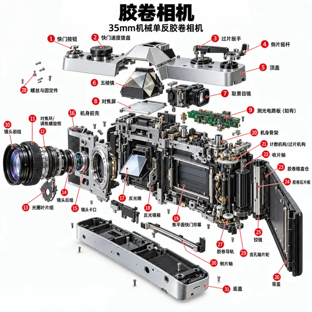 胶卷相机爆炸图，含中文零件标注