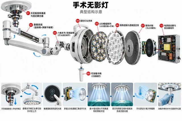 手术无影灯爆炸图，含中文零件标注