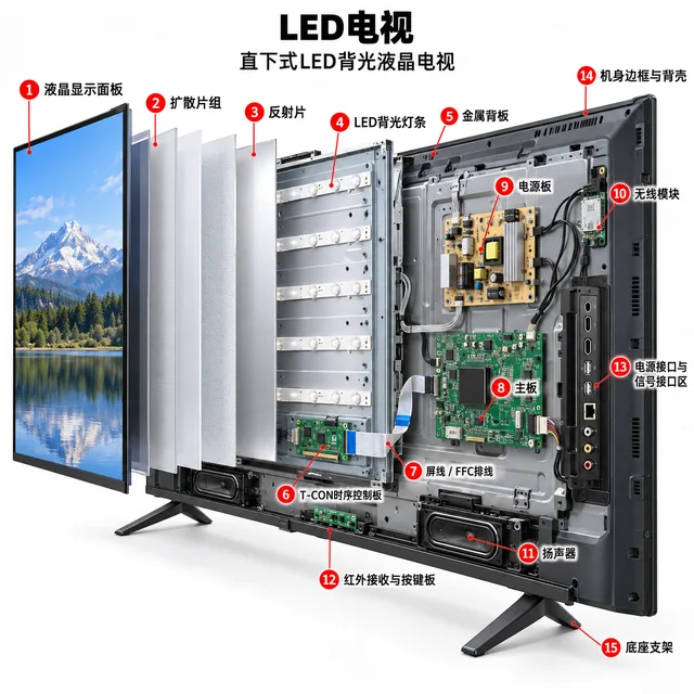 LED电视爆炸图，含中文零件标注