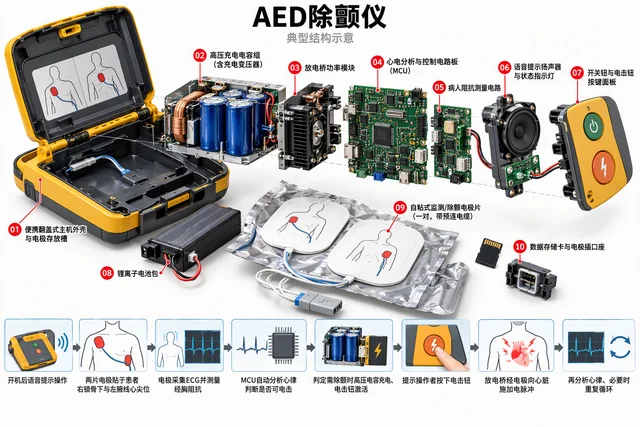 AED除颤仪爆炸图，含中文零件标注