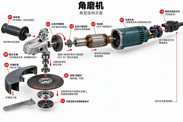 角磨机爆炸图，含中文零件标注