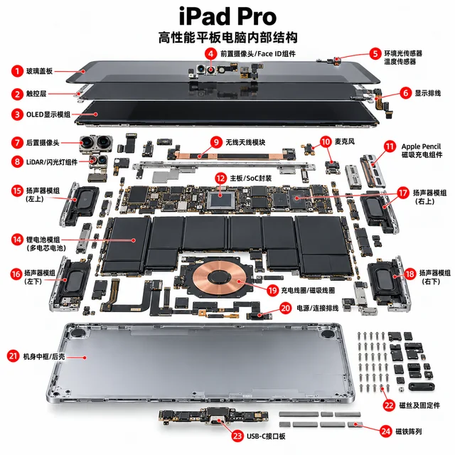iPad Pro爆炸图，含中文零件标注