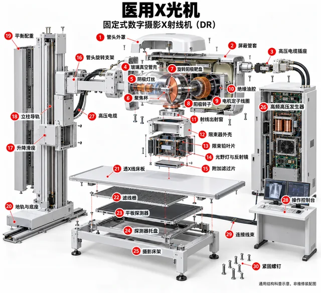 医用X光机爆炸图，含中文零件标注