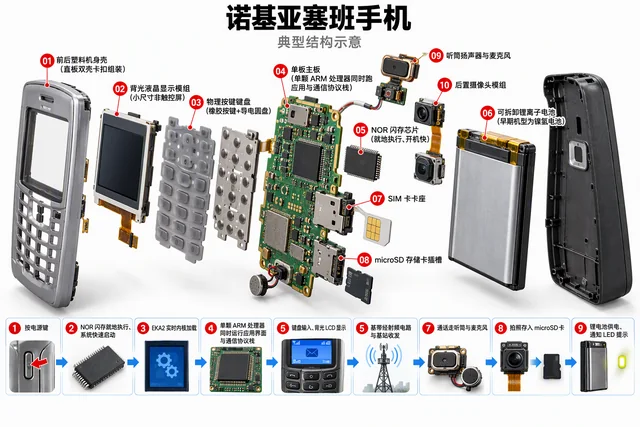 诺基亚塞班手机爆炸图，含中文零件标注