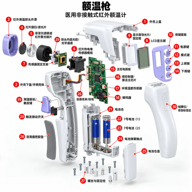 额温枪爆炸图，含中文零件标注