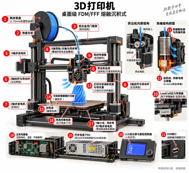 3D打印机爆炸图，含中文零件标注