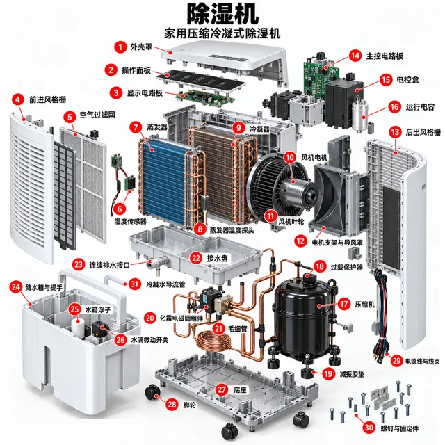 除湿机爆炸图，含中文零件标注