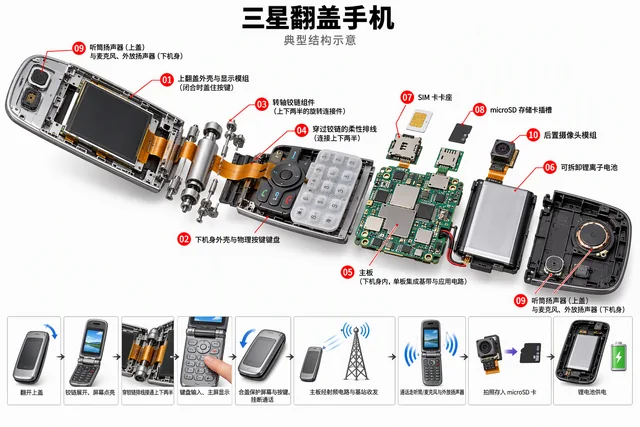 三星翻盖手机爆炸图，含中文零件标注