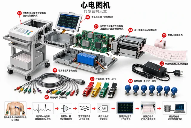 心电图机爆炸图，含中文零件标注