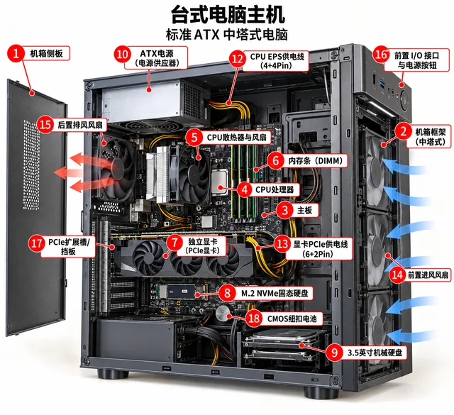 台式电脑主机爆炸图，含中文零件标注