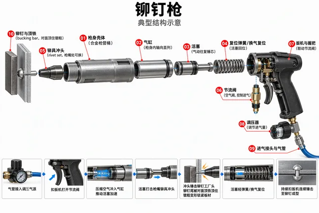 铆钉枪爆炸图，含中文零件标注