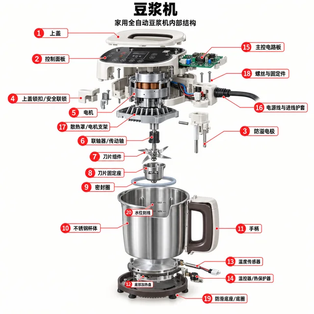 豆浆机爆炸图，含中文零件标注