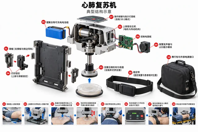 心肺复苏机爆炸图，含中文零件标注