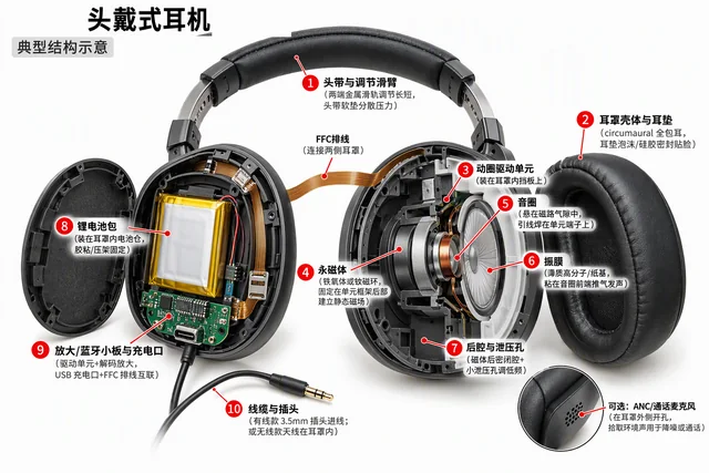 头戴式耳机爆炸图，含中文零件标注