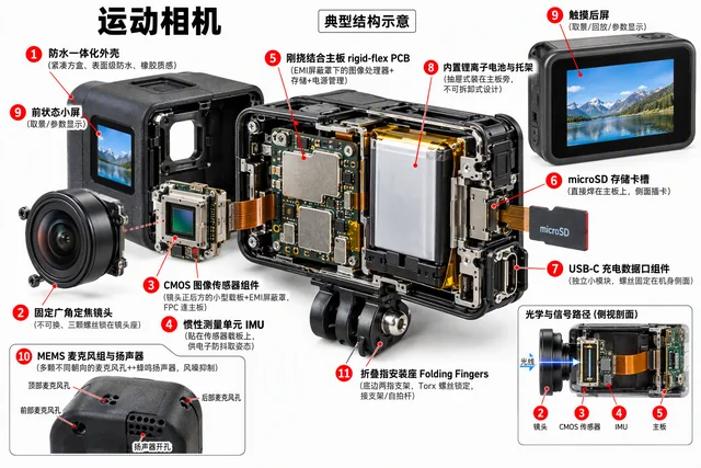 运动相机爆炸图，含中文零件标注