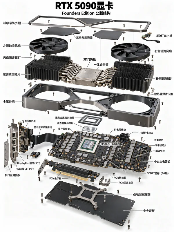 RTX5090显卡爆炸图，含中文零件标注