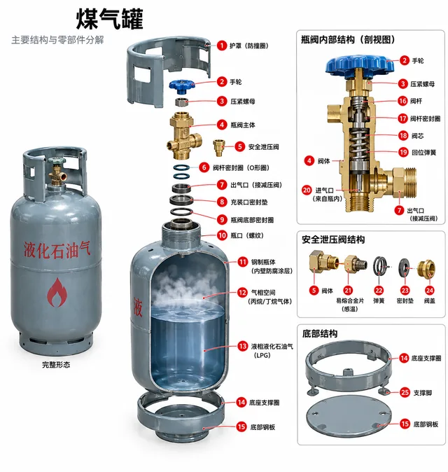 煤气罐爆炸图，含中文零件标注