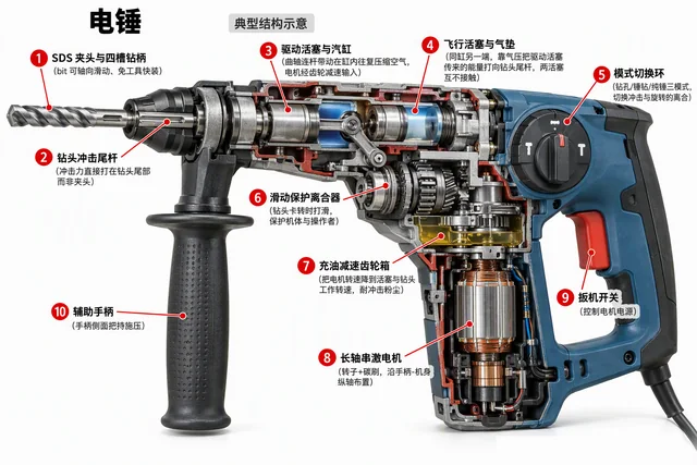 电锤爆炸图，含中文零件标注