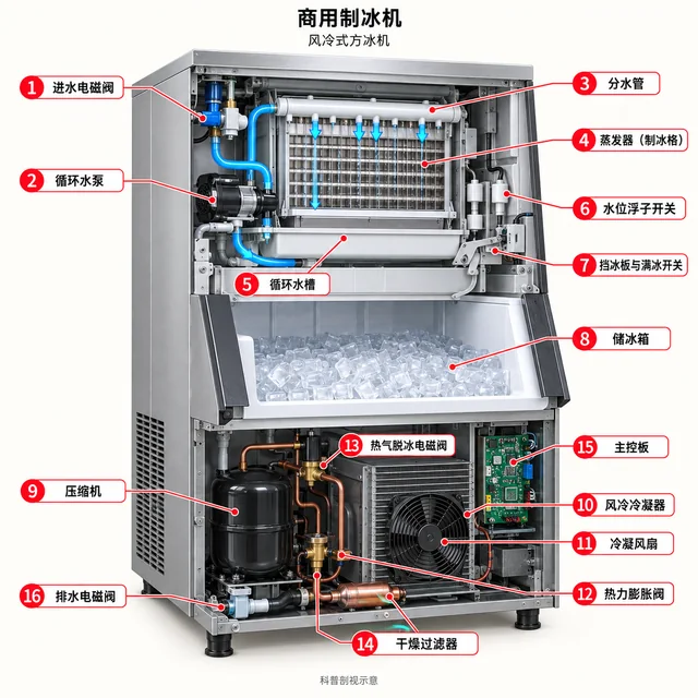 商用制冰机爆炸图，含中文零件标注