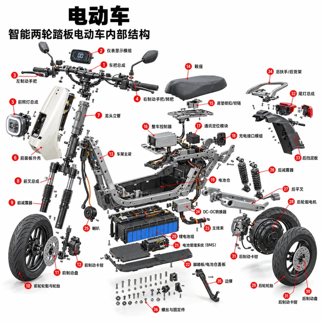 电动车爆炸图，含中文零件标注